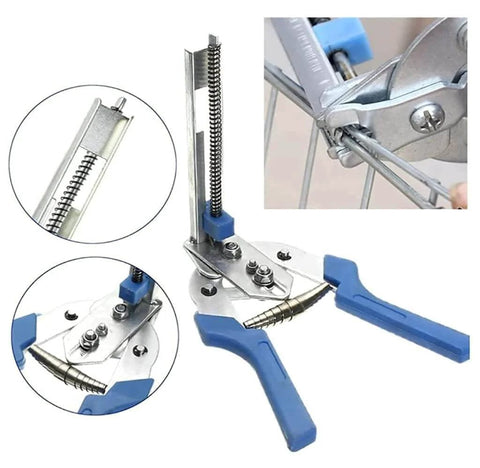 Nail Ring Pliers Kit With Stainless Snap Ring Pliers And 1200 Galvanized Nails for hog rings fence chicken coop poultry wire mesh garden cages, showing blue-handled pliers with nails and installation.