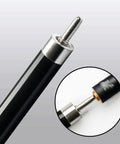 Close-up of Beast Mode Carbon Fiber Pool Cue tip featuring a stainless steel connector and black carbon fiber design.