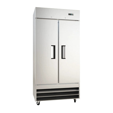 Built Tough Two Door Reach In Commercial Freezer 27 6 Cubic Feet Stainless Steel Kitchen Workhorse with two doors and adjustable shelves.