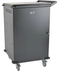Heavy Duty 48 Port Mobile Charging Cart And Rolling Storage Station For Tablets Chromebooks And Laptops Total Game Changer No Sweat Workspace Rig Black side view with door and wheels.