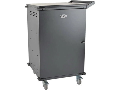 Heavy Duty 48 Port Mobile Charging Cart And Rolling Storage Station For Tablets Chromebooks And Laptops Total Game Changer No Sweat Workspace Rig Black side view with door and wheels.