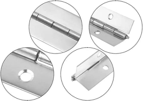 Built Tough Slick Eight Inch Piano Hinges Four Pack Premium Stainless Steel With Rust Resistant Silver Coating close-up views and pre-drilled holes.