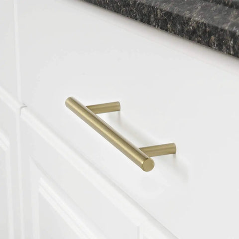 Gold Champagne Euro Bar Cabinet Handles 7 And 3 Eighths Inch Long 5 Inch Hole Center One Half Inch Diameter 25 Pack With Screws