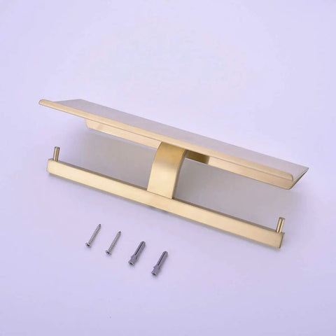 Dual Roll Toilet Paper Holder With Phone Shelf In 304 Stainless Steel Rust Proof Brushed Gold Finish Dope Modern Luxury Look Two Roll Capacity And Handy Phone Storage Wall Mounted Bathroom Dispenser Easy Install along with screws.