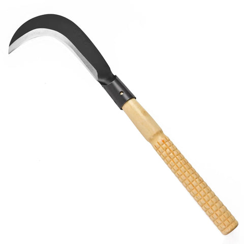 Versatile Manganese Steel Billhook Sickle Machete For Gardening And Weeding, handheld sickle with manganese blade and wooden grip.