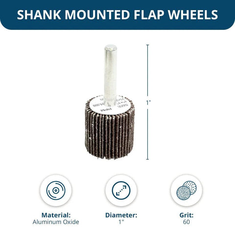 Front view of a 1-inch aluminum oxide flap wheel on a 1/4-inch shank for drill/grinder, 60 grit