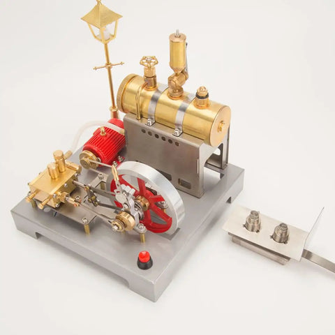 Old School Steam Engine Model That Really Works With Boiler And Reversible Horizontal Design Includes Generator And Vintage Lamp For Realistic Hands On STEM Learning And A Fun Gift For Adults, 18x18x20 cm, metal