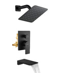 Shower Faucet Set With Tub Spout And Waterfall Tub Trim Kit Includes Rough In Valve Wall Mounted Shower Tub Fixtures In Brushed Nickel Finish Model 33010BN Easy Install Premium Pressure Balance Valve, black matte finish, with rough-in valve, square rain head and tub spout visible.