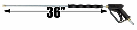 Beefed Up 4000 PSI Pressure Washer Trigger Gun With 36 Inch Lance Bundle 7 GPM Brass Safety Lock Easy Grip Pistol Three Eighth Inch Inlet One Quarter Inch Outlet NPT M Wand Inlet Quick Connect Nozzles showing black handle and long lance