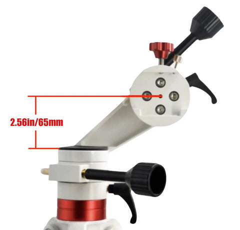 All-Purpose Alt Azimuth Telescope Mount showing coarse and fine adjustment knobs, with 65mm distance measurement marked.