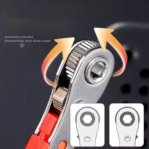 Close-up of Red Finish Multifunctional Tool With Ratchet Screwdriver Built In Wrench And Flexible Bender Plus Crosshead Cover