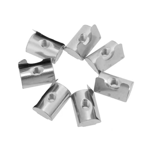 High Strength M5 Roll In Spring T Nuts With Spring Sheet For 4040 Aluminum Profile Slot, Nickel Plated Carbon Steel Heavy Duty Hardware Fasteners Pack Of Twenty Pieces arranged in a circle.