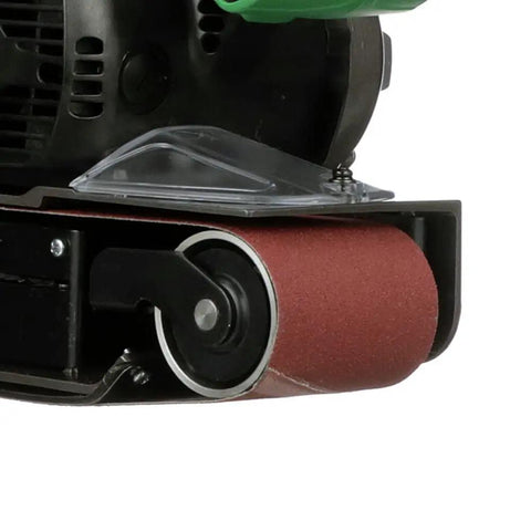 Close-up of 3 X 21 Inch Belt Sander for Woodworking with sanding belt and clear front cover, showing durable build