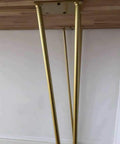 Heavy Duty 28 Inch Gold Hairpin Table Legs With Adjustable Leveling Bolts For Modern Dining And Coffee Tables, underside view.