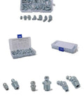 Must-Have Hydraulic Grease Fitting Assortment Kit, 50 Pieces, Sizes One Quarter Inch And One Eighth Inch, Electroplated Blue Zinc Finish