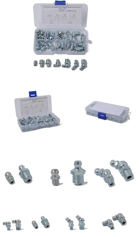 Must-Have Hydraulic Grease Fitting Assortment Kit, 50 Pieces, Sizes One Quarter Inch And One Eighth Inch, Electroplated Blue Zinc Finish