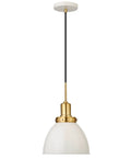 12 Inch Wide Pendant Light With Metal Shade In Pearled White And Brass Finish, Adjustable 8 Ft Cord, Hardwired Dome Fixture
