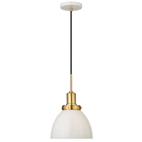 12 Inch Wide Pendant Light With Metal Shade In Pearled White And Brass Finish, Adjustable 8 Ft Cord, Hardwired Dome Fixture