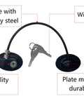 Two Pack Refrigerator Door Locks With Four Keys For Child Safety Cabinets, Freezer And File Drawers, No Drilling Required Peel And Stick Mount With Strong 3M VHB Adhesive, Reusable Kitchen Security Locks showing lock components labeled as heavy-duty steel arm, high-quality lock, durable resin plate, and two keys.