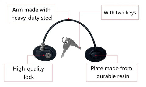 Two Pack Refrigerator Door Locks With Four Keys For Child Safety Cabinets, Freezer And File Drawers, No Drilling Required Peel And Stick Mount With Strong 3M VHB Adhesive, Reusable Kitchen Security Locks showing lock components labeled as heavy-duty steel arm, high-quality lock, durable resin plate, and two keys.