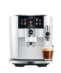 Top Shelf Automatic Espresso Coffee Maker With Dual Bean Hopper And Sweet Foam Milk Frother One Touch Brew White with a frothy coffee.