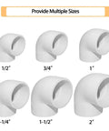 Various sizes of white PVC elbow fittings for plumbing and irrigation