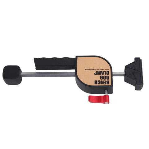 Side view of a Two Pack 19mm Bench Dog Clamp Set with adjustable screws and rubber pads for workbench holes.