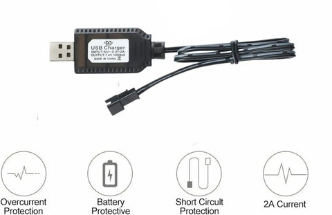 Universal RC Battery Charger Cable With SM 2 Pin Plug For 7.4V 2S LiPo Batteries showing USB connector and protection icons