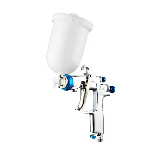 Heavy Duty Pneumatic Paint Sprayer With 400Cc Metal And Plastic Cups For Cars And Trucks Includes 1.3Mm And 1.8Mm Nozzles smooth finish, chrome body, white cup.