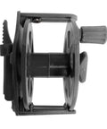Side view of Go To Universal Composite Speargun Reel 50M for spearfishing with sliding stainless steel line guide, black color.