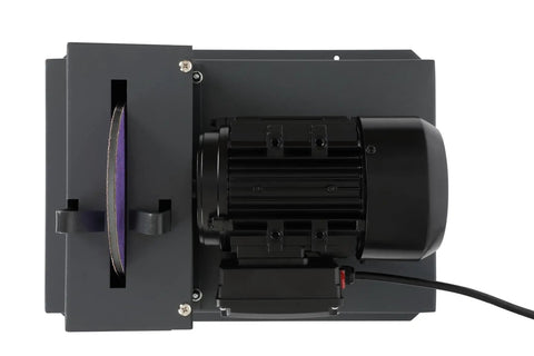Rock Solid Lawn Mower Blade Sharpener Bench Grinder featuring 500 Watt motor and 7 inch wheel side view with black housing.