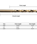 Diagram showing 1/4 inch cobalt drill bit M35 HSS, 135° tip, jobber length twist for hard metal stainless steel cast iron wood and plastic.