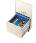 Open drawer of 18-Inch Metal Mobile Filing Cabinet With 2 Drawers Pearl White Finish showcasing organized office supplies