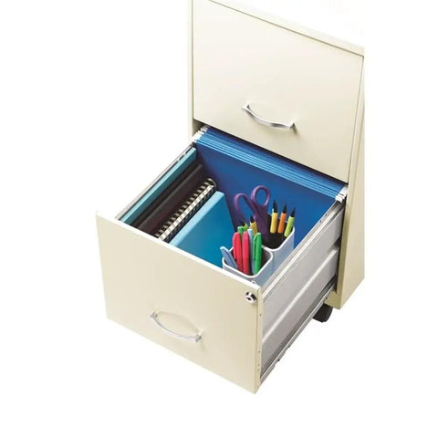 Open drawer of 18-Inch Metal Mobile Filing Cabinet With 2 Drawers Pearl White Finish showcasing organized office supplies