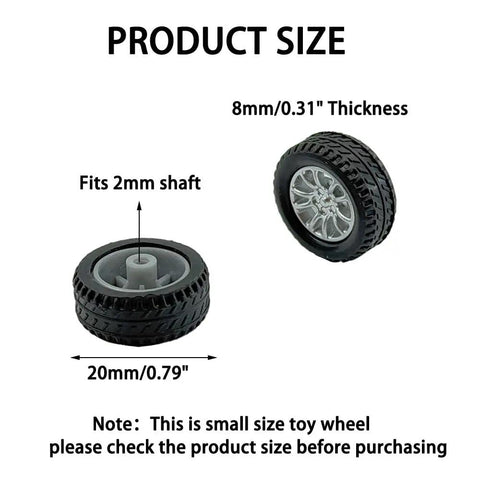 20 Pack Tiny RC Wheel Set With 10 Metal Axle Shafts showing 20mm diameter, 8mm thickness, fits 2mm shaft, for RC hobby models.