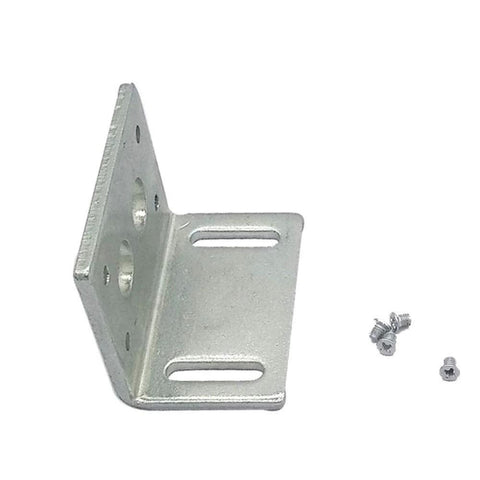 Side view of metal L-bracket motor mount for worm gear motor; slotted base with mounting holes, screws included.