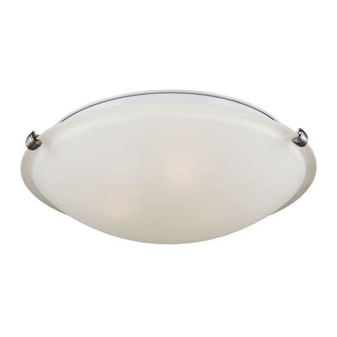 Clip Three Light Ceiling Flush Mount Modern Light Fixture In Brushed Nickel With Satin Etched Glass Diffuser, view of dome shape