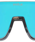 Cayman Blue Mirror Lens Wraparound Safety Glasses With Tight Grip Nose Pads And Flexible Arms front view displaying oversized blue lens.