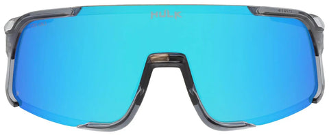 Cayman Blue Mirror Lens Wraparound Safety Glasses With Tight Grip Nose Pads And Flexible Arms front view displaying oversized blue lens.