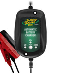 800 Milliampere SuperSmart Battery Charger And Maintainer with red and black clamps, moisture protected, spark proof, for outdoor use.