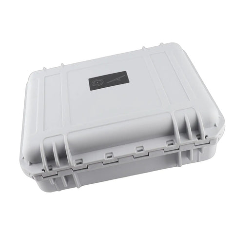 Precision Cut Foam Insert Hard Case With IP67 Waterproof Seal for Mini Satellite Dish and Accessories, closed view, white color.