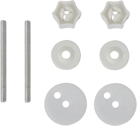 Dual Pack Toilet Seat Set Featuring Silent Soft Close Lids And Sturdy Mdf Build With Smooth Glide Mechanics And Matte Black Hardware hardware installation parts, including bolts and washers.