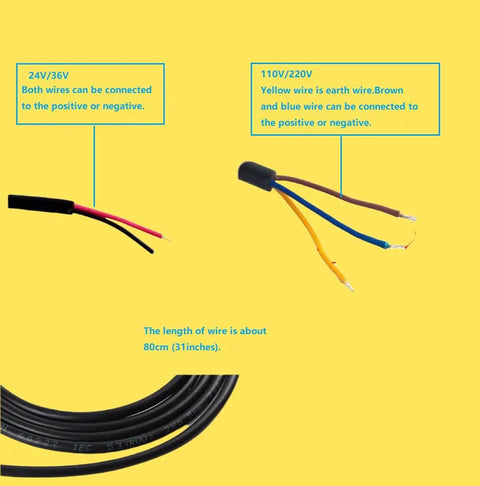 Close-up of wiring for Heavy Duty 12W LED Lathe Drill CNC Machine Light with Long Arm, showing length and connection instructions.