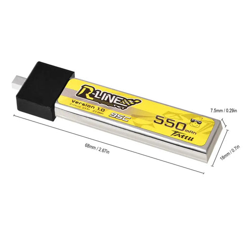 Tattu 550mAh 95C 1S LiPo Battery with dimensions shown, suitable for FPV Tiny Whoop and brushless quad drones.
