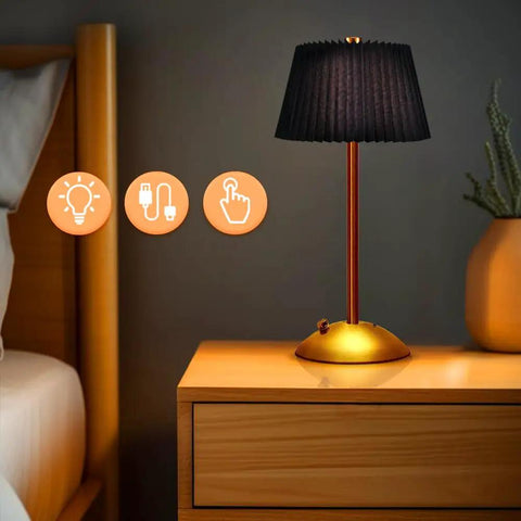 Cordless Metal Desk Lamp With Touch Sensor 3 Way Dimmable LED Table Light Fabric Shade Nightstand Lamp on bedside table