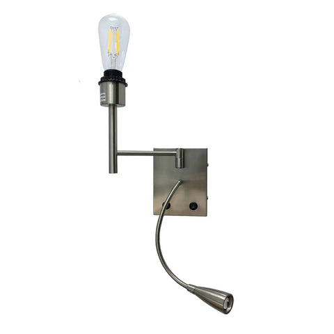 Bedside Swing Arm Wall Lamp With Dual Switch, LED 3W, satin nickel finish, ivory linen shade, flexible reading arm visible