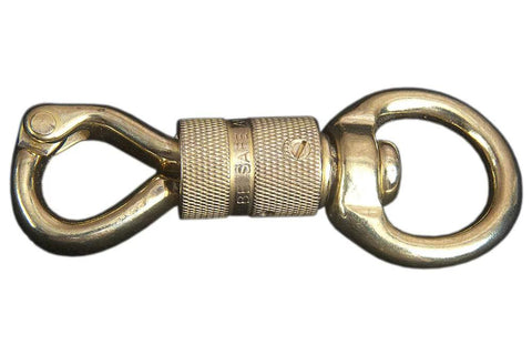 Solid brass panic snap with knurled center barrel and two ring ends