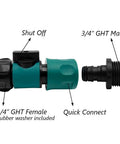 Garden Hose Quick Connect Set With Shutoff Valve Male And Female Three Quarter Inch Quick Connectors with labeled components