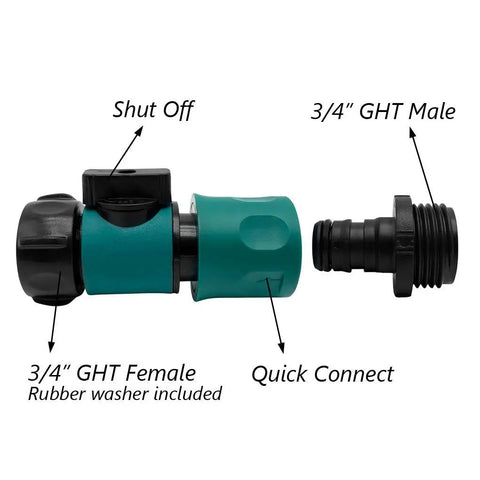 Garden Hose Quick Connect Set With Shutoff Valve Male And Female Three Quarter Inch Quick Connectors with labeled components