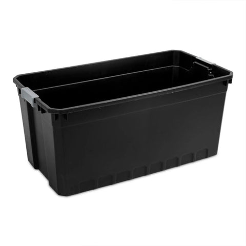 Heavy Duty Workhorse Plastic Storage Tote 50 Gallon Bulk Nine Pack Featuring Secure Snap Latching Lids Stackable Bin Set in black.